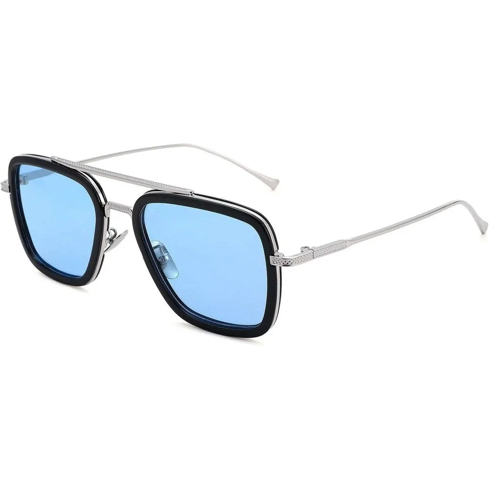 Square Sunglasses Blue Lens Silver Frame Mens Fashion Sun Glasses Classic Lentes